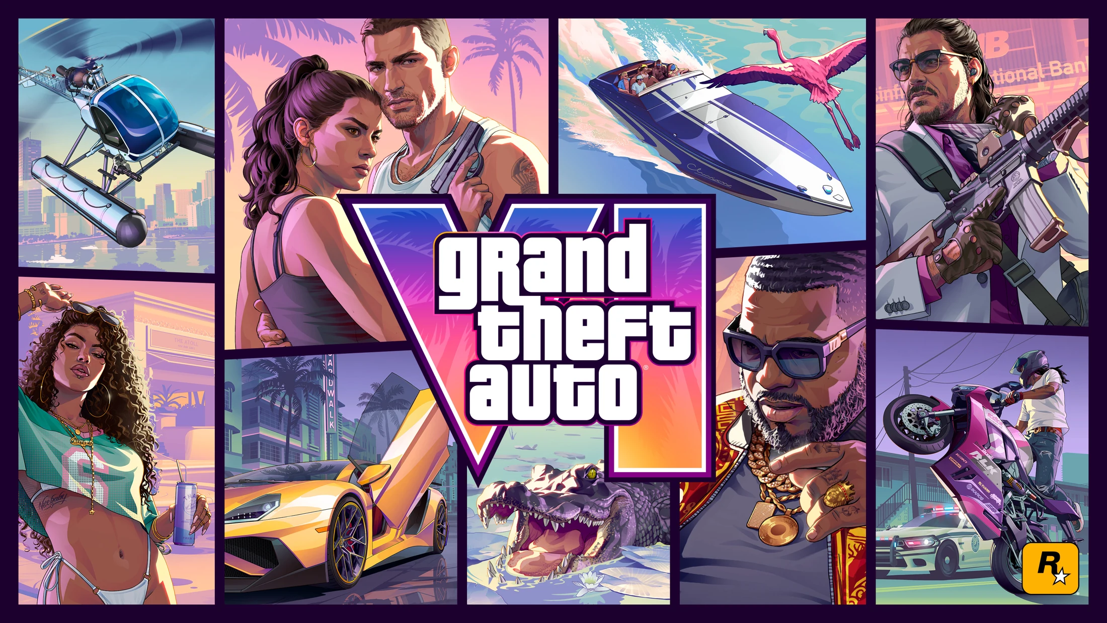Official Grand Theft Auto VI landscape key art featuring Lucia, Jason and scenes from Leonida